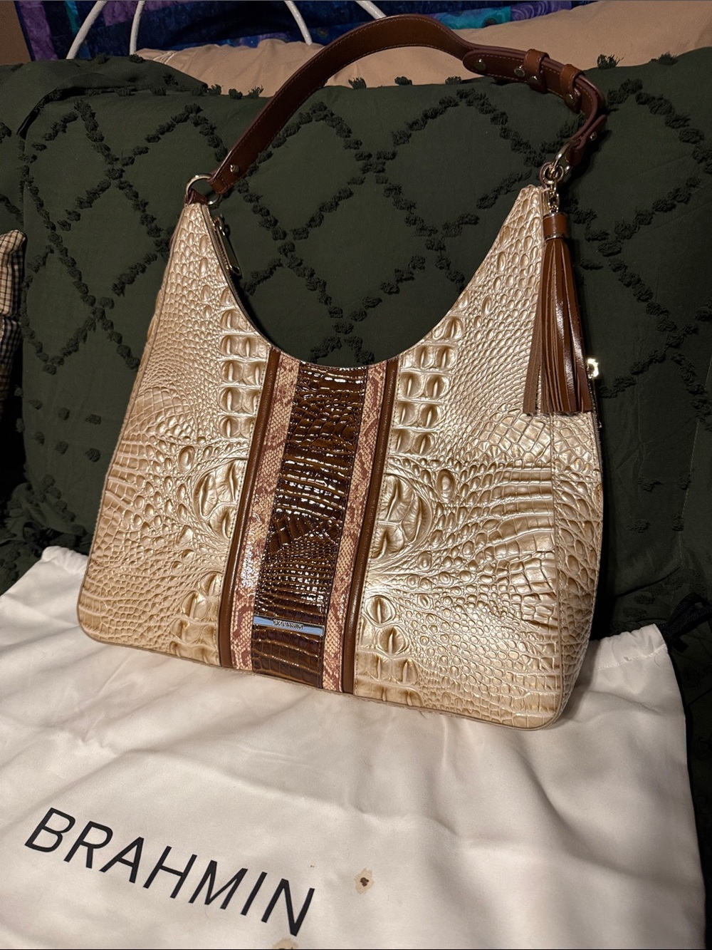 Brahmin Cream & Brown Croc-Embossed Shoulder Bag with Tassel Accent